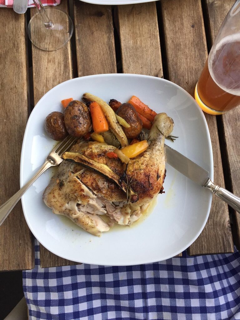 chicken, balcony, oktoberfest, eat on the balcony, chicken legs, silver cutlery